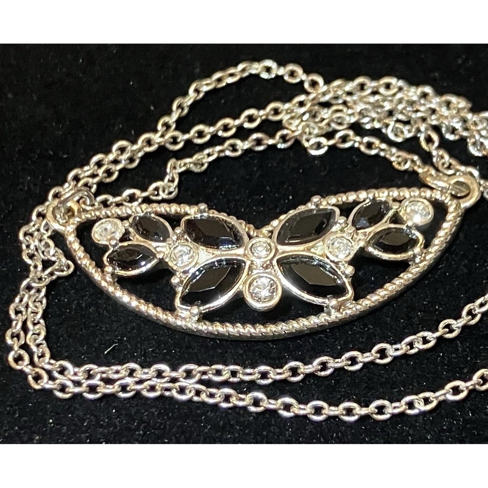 Avon NRT Vintage Black & Clear Crystal Butterfly Floral Silver Tone Necklace